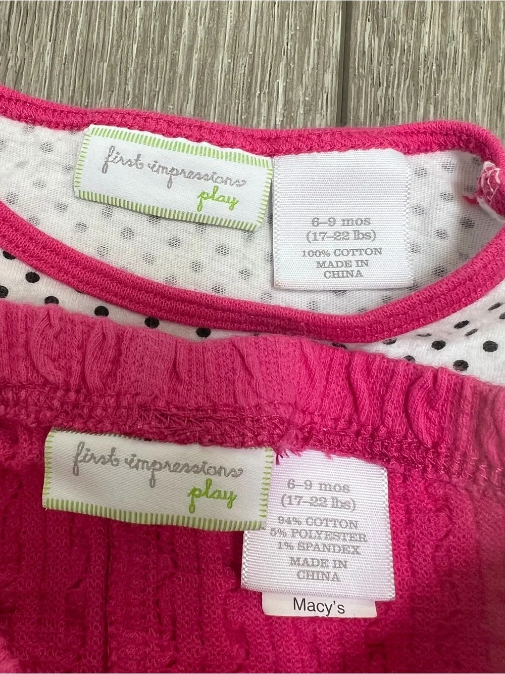FIRST IMPRESSIONS 2PC LONG SLEEVE TOP AND RIBBED LEGGINGS OUTFIT PINK DOTS 6-9MO
